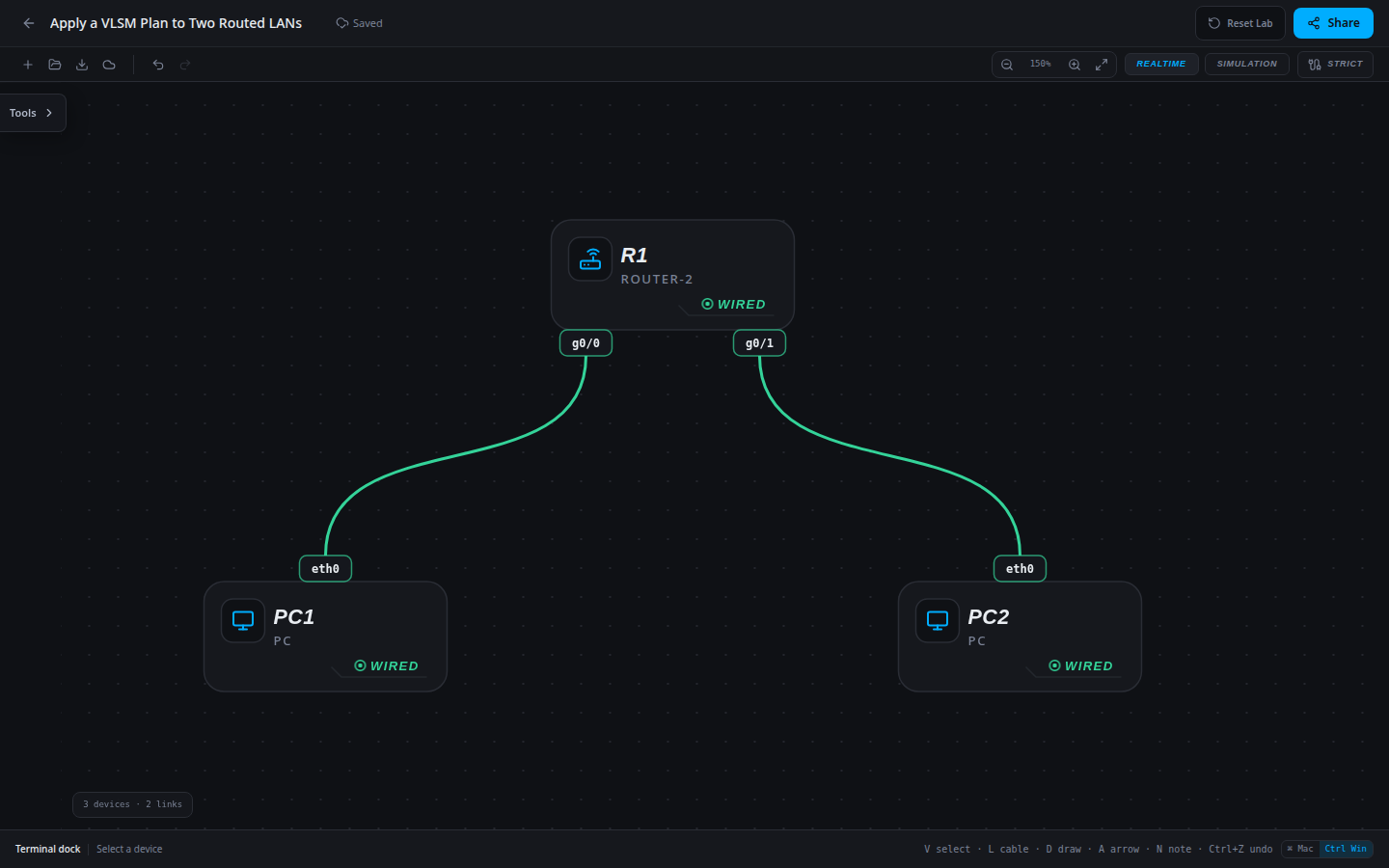 Apply a VLSM Plan to Two Routed LANs: starting network imported into the SwitchLab sandbox.