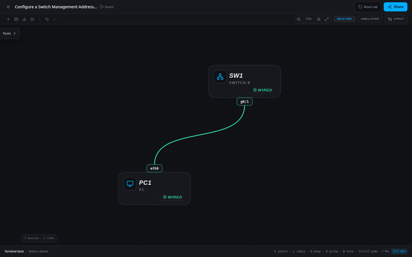Configure a Switch Management Address and Local Account: starting network imported into the SwitchLab sandbox.