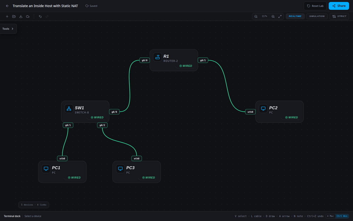 Translate an Inside Host with Static NAT: starting network imported into the SwitchLab sandbox.