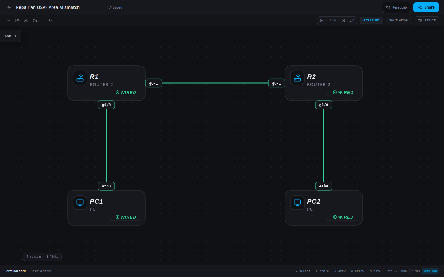 Repair an OSPF Area Mismatch: actual imported SwitchLab starting topology.