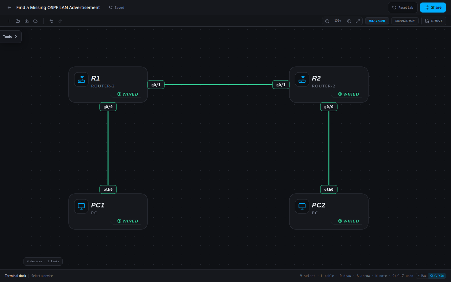 Find a Missing OSPF LAN Advertisement: actual imported SwitchLab starting topology.