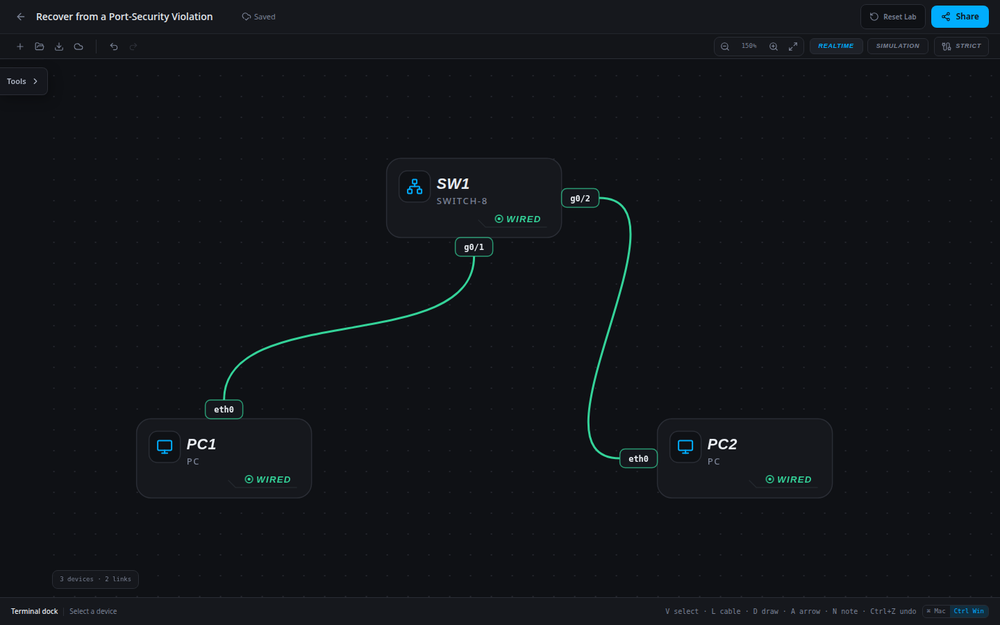 Recover from a Port-Security Violation: starting network imported into the SwitchLab sandbox.