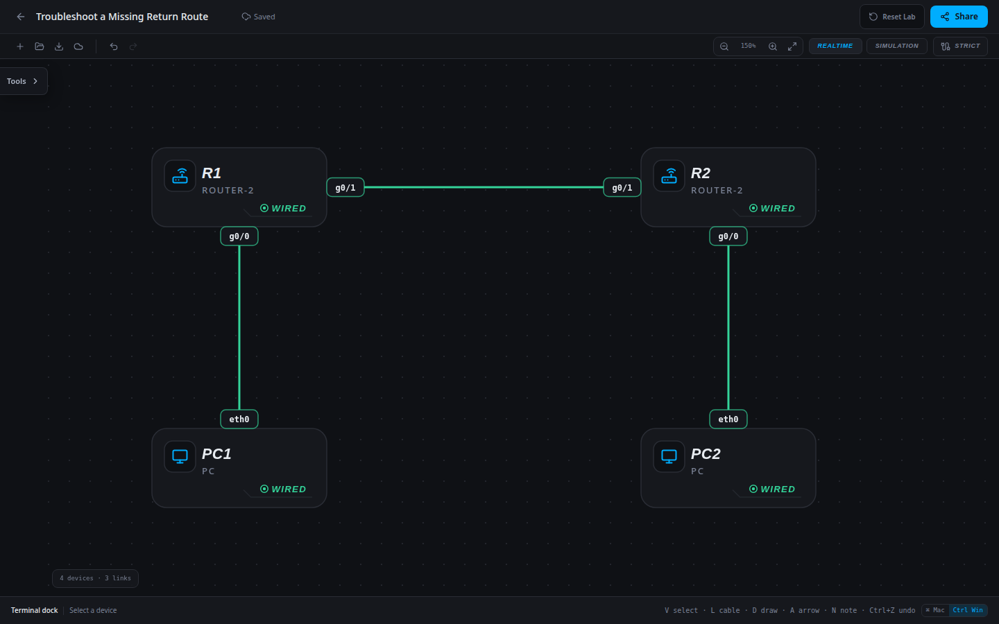 Troubleshoot a Missing Return Route: actual imported SwitchLab starting topology.