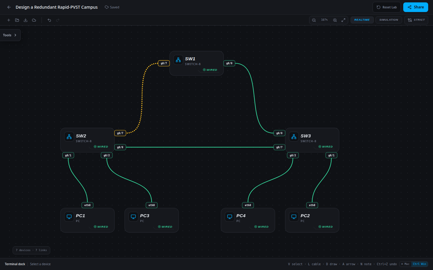 Design a Redundant Rapid-PVST Campus: starting network imported into the SwitchLab sandbox.
