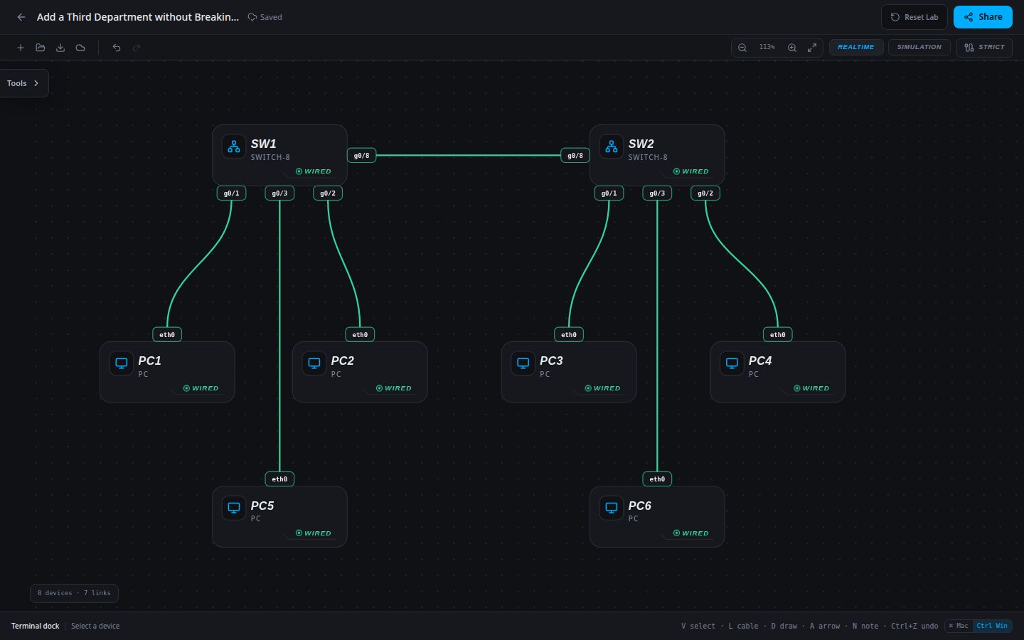 Add a Third Department without Breaking Existing VLANs: starting network imported into the SwitchLab sandbox.