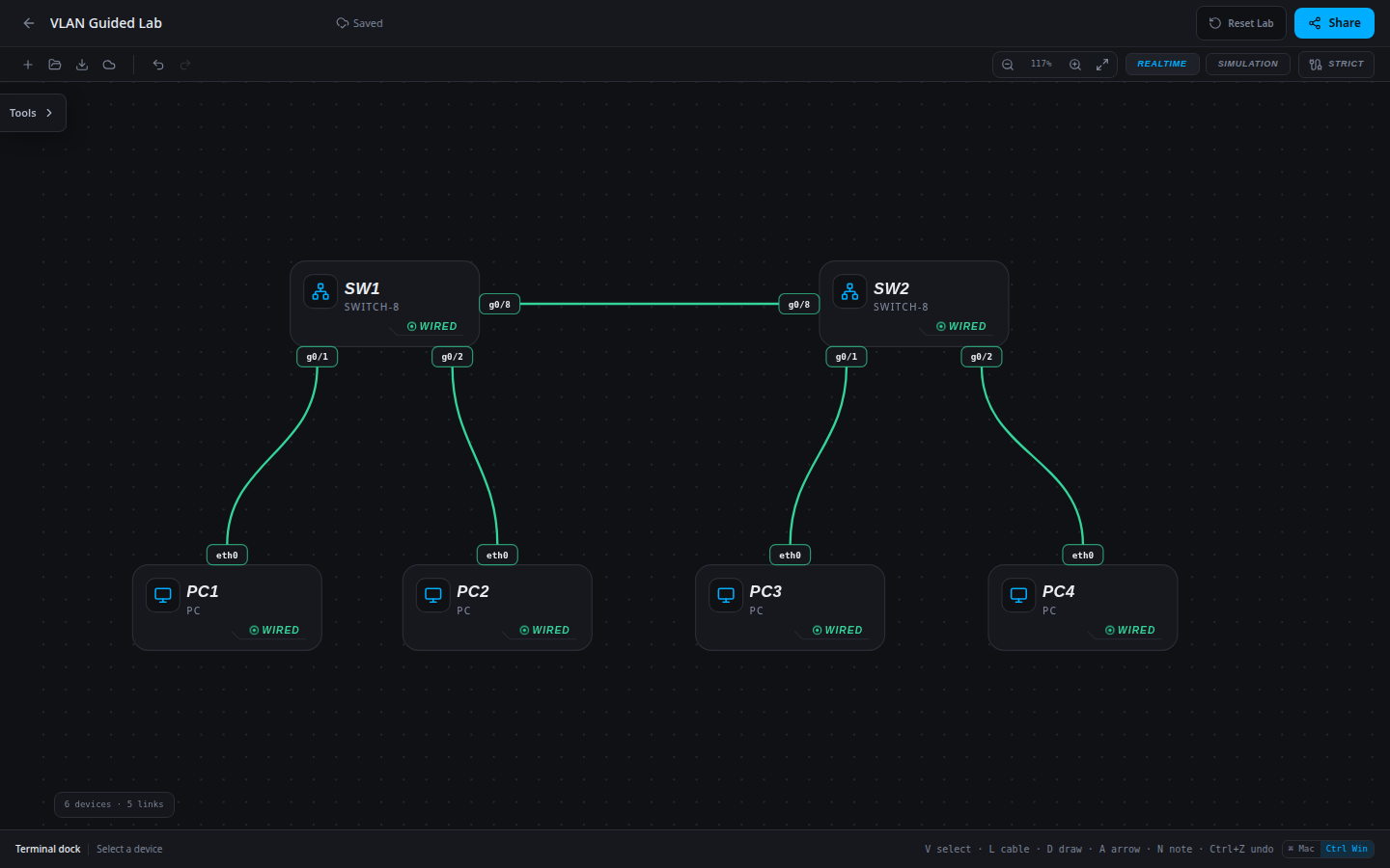 VLAN Guided Lab: actual SwitchLab starting topology