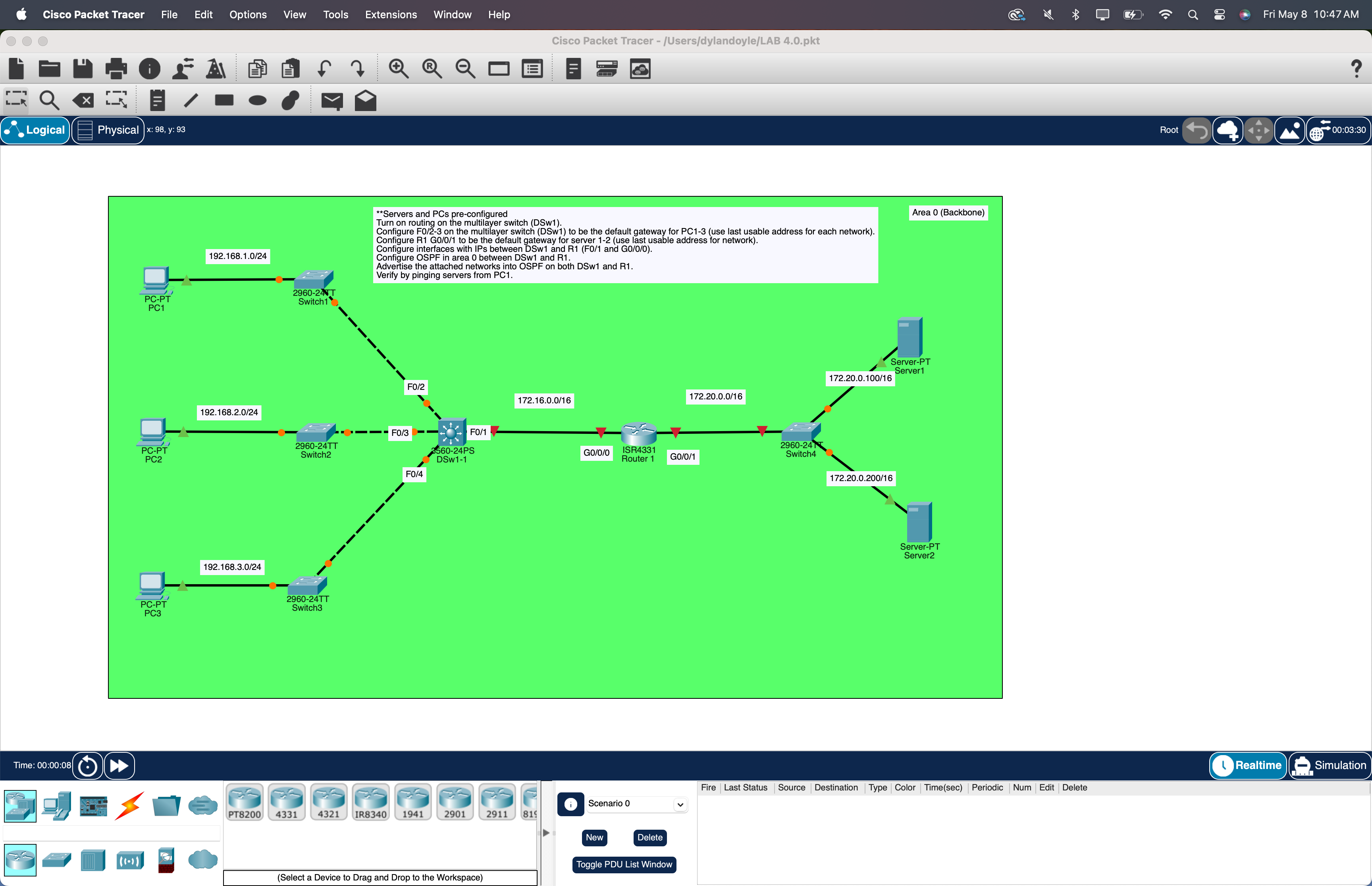 OSPF single-area lab topology in Packet Tracer — three PCs each on a layer-3 routed port of a multilayer switch (DSW), DSW uplinking to a single router R1, R1 facing a server segment with two servers. Area 0 (Backbone) covers the entire diagram.